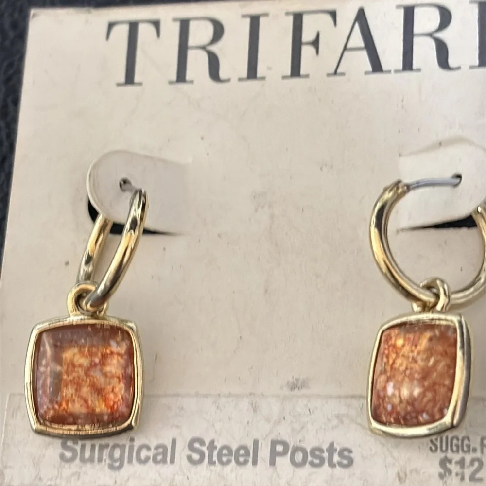 NWT Trifari Surgical Steel Posts Dangle Small Hoop Square Earrings